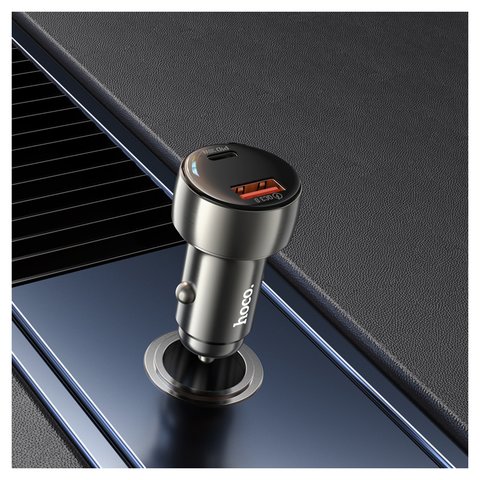 Автомобильное зарядное устройство Hoco Z50, серое, Power Delivery (PD), с дисплеем, 30 Вт, 2 порта, 12-24 B, #6931474798756 Превью 1